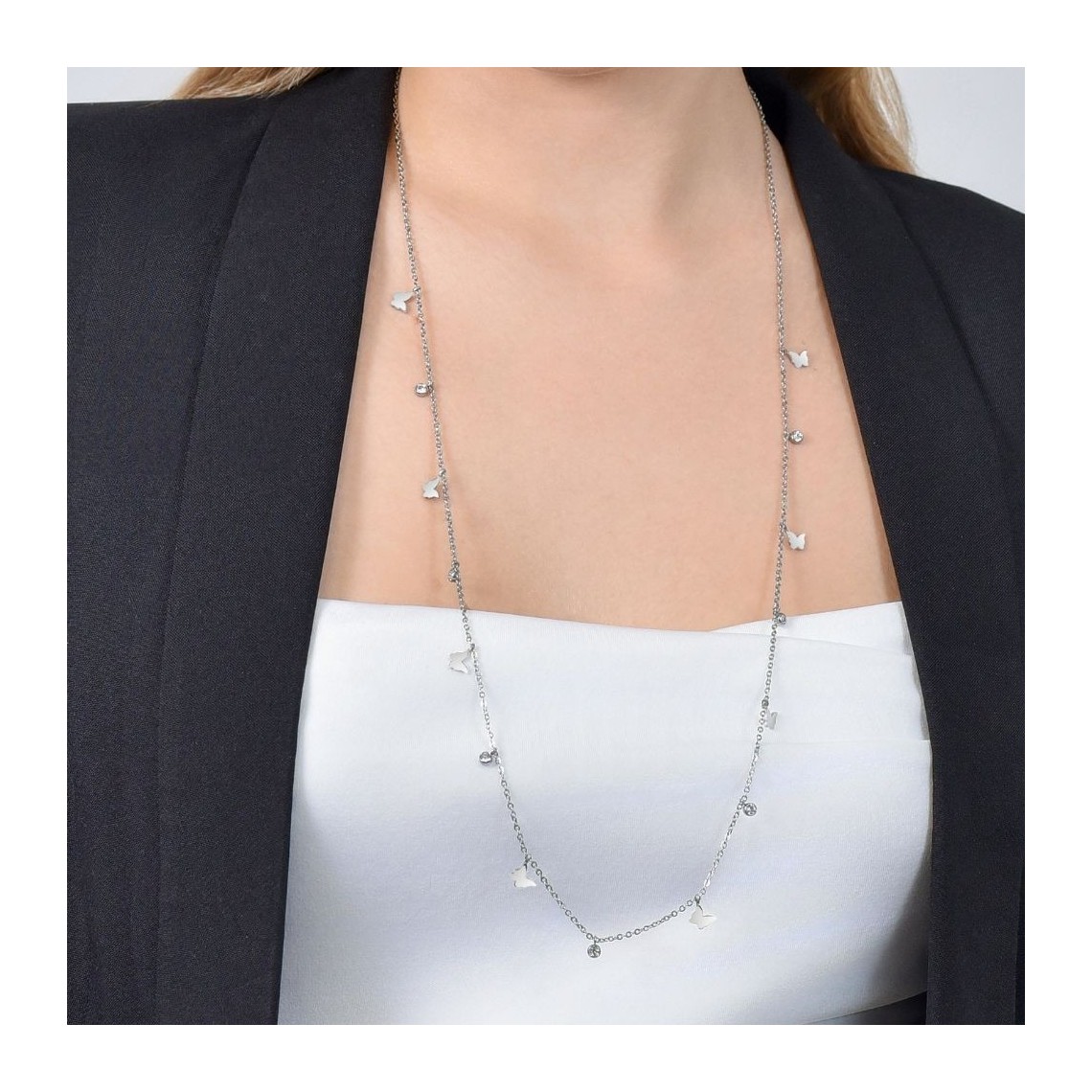 Collana Girocollo Donna Stratificata Con Mini Farfalla E Cristallo – Gioiello Scintillante In Lega – Ideale Come Regalo Per Ragazze