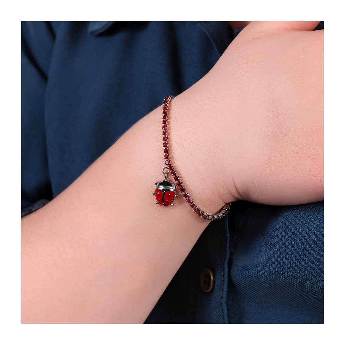 LUCA BARRA BRACCIALE TENNIS BAMBINA IN ACCIAIO CON CRISTALLI ROSSI E COCCINELLA