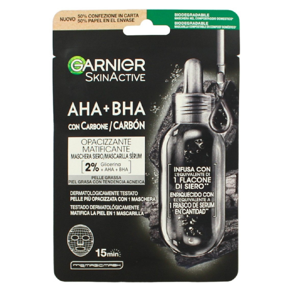 Garnier Maschera Siero con Carbone  AHA e BHA in Tessuto