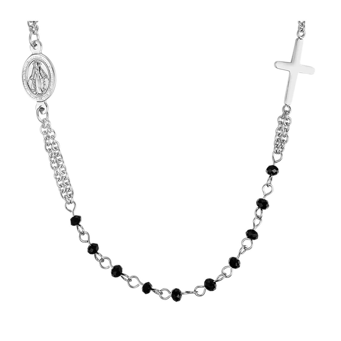 COLLANA DONNA ROSARIO IN ACCIAIO CON CRISTALLI NERI