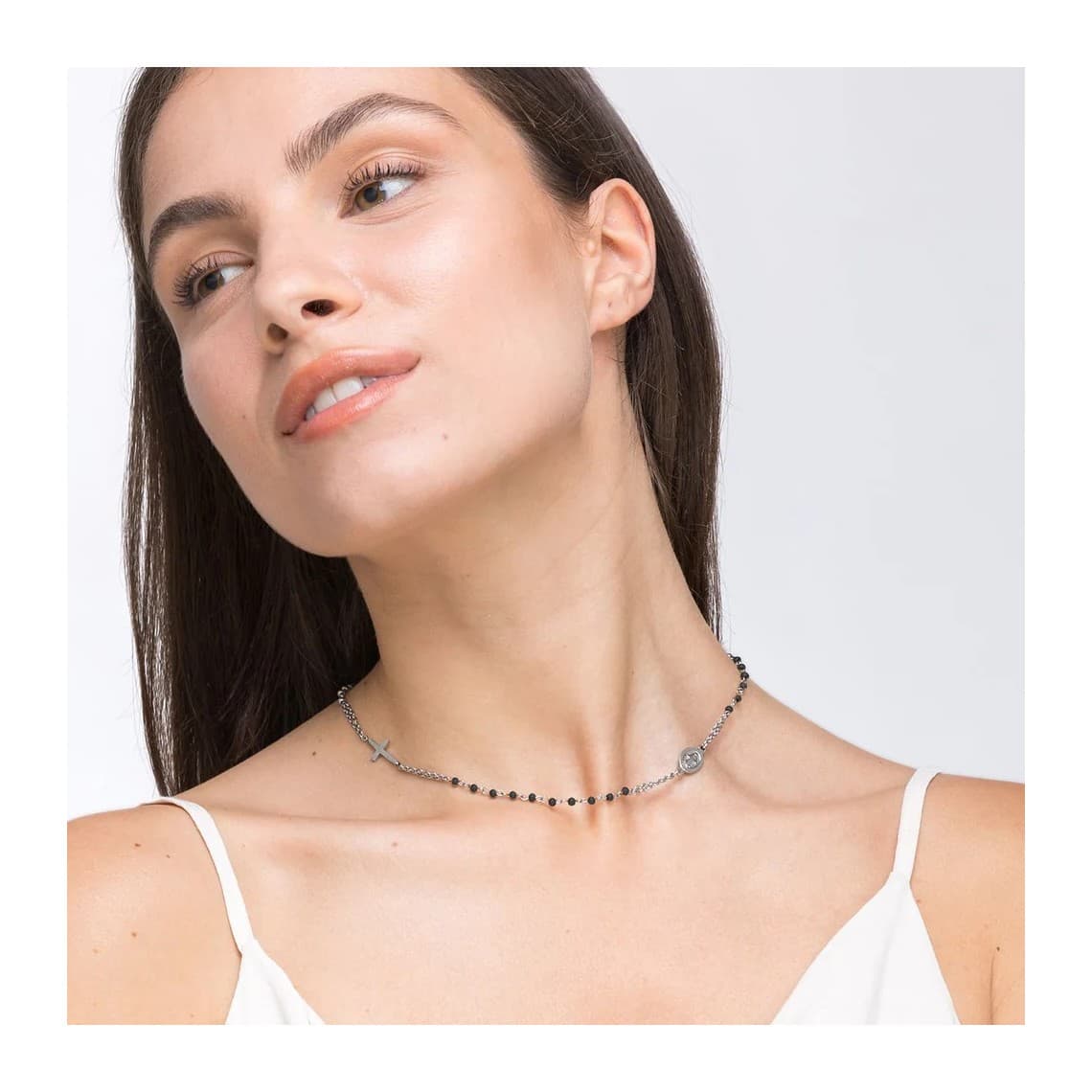 COLLANA DONNA ROSARIO IN ACCIAIO CON CRISTALLI NERI