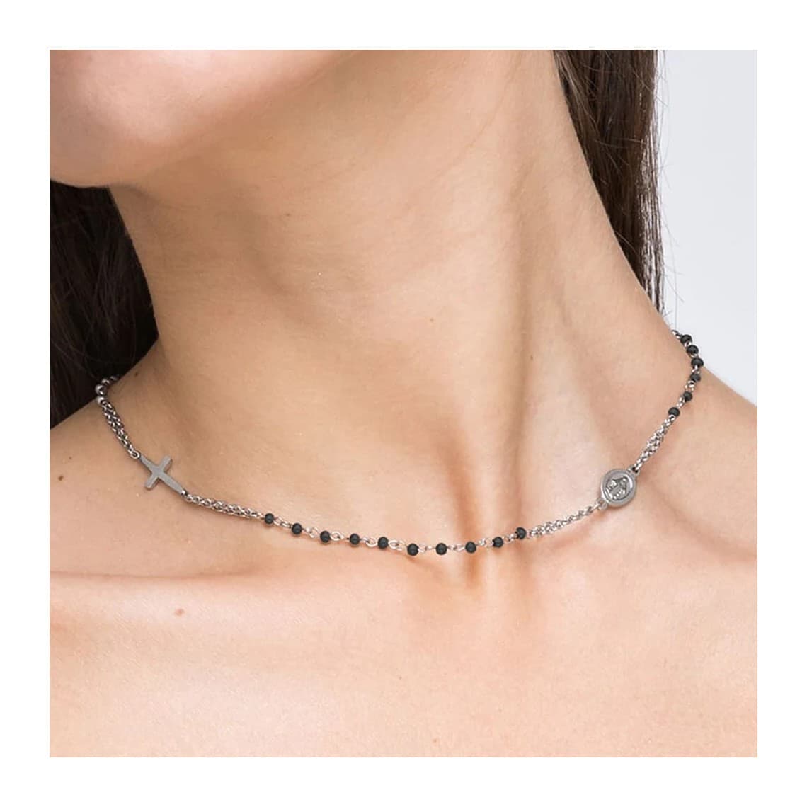 COLLANA DONNA ROSARIO IN ACCIAIO CON CRISTALLI NERI