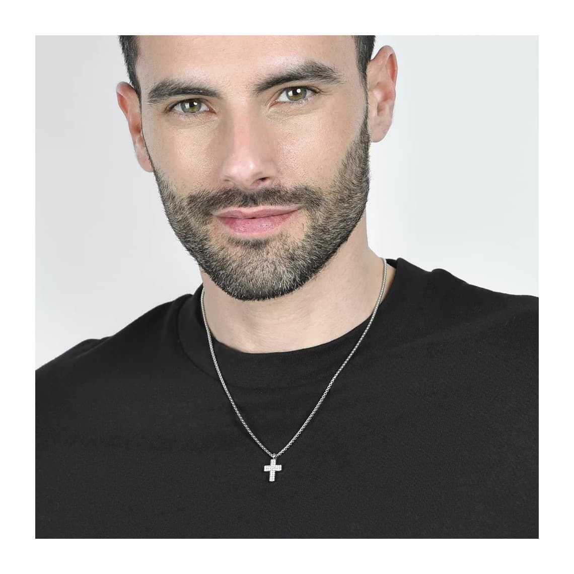 COLLANA UOMO IN ACCIAIO CON CROCE CON CRISTALLI BIANCHI