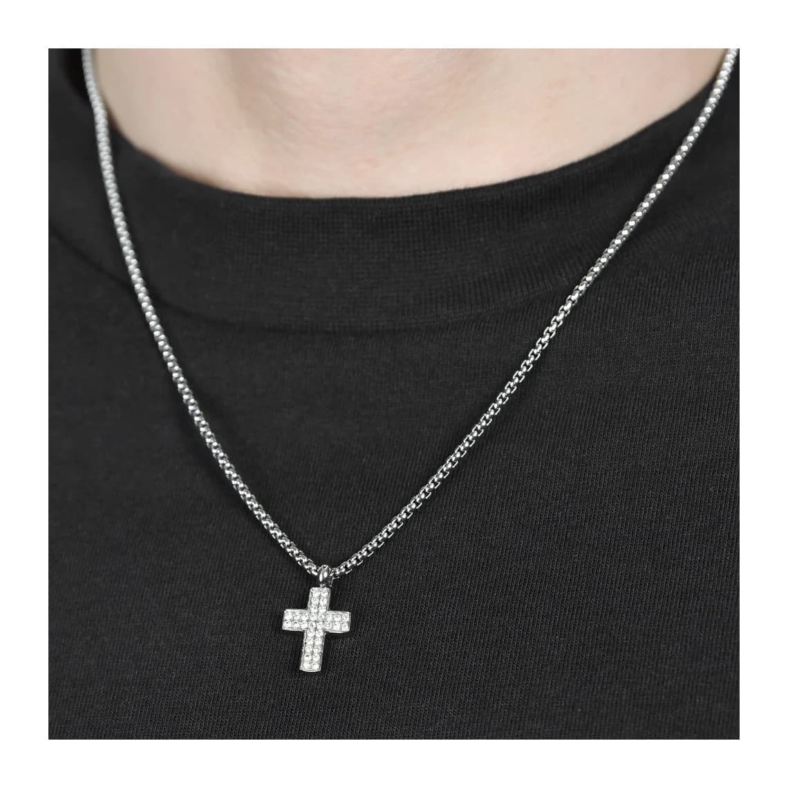COLLANA UOMO IN ACCIAIO CON CROCE CON CRISTALLI BIANCHI