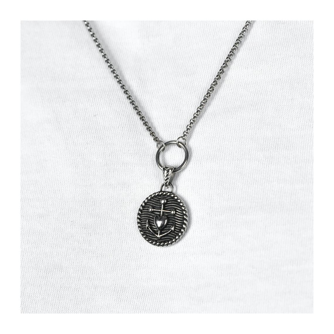COLLANA UOMO IN ACCIAIO CON PIASTRA CON ANCORA E CUORE CON SMALTO NERO