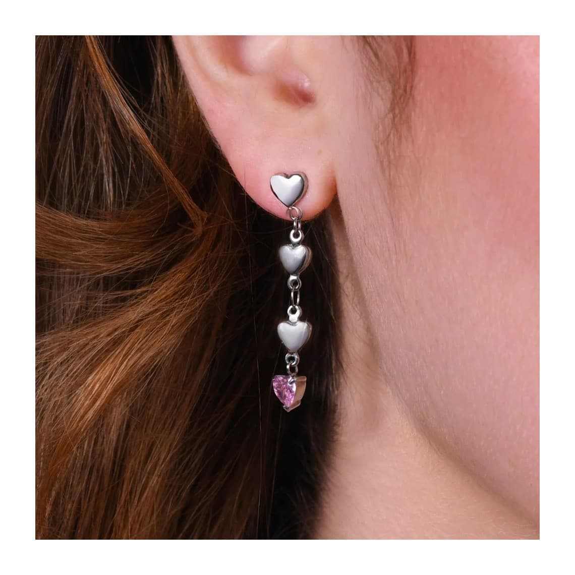 Orecchini Donna in Acciaio con Cuori e Zirconi Rosa