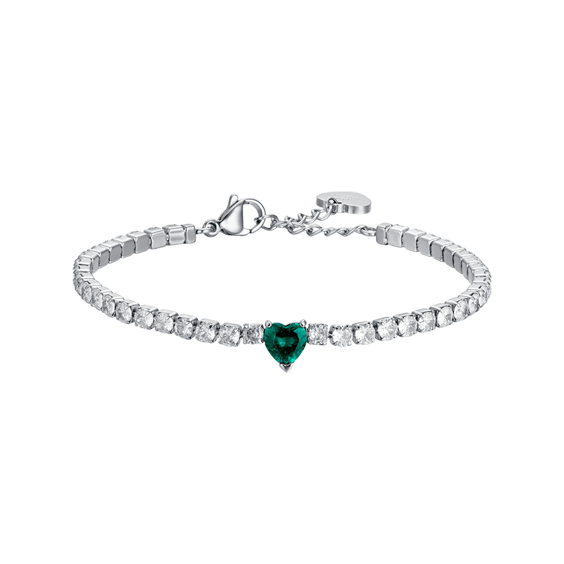 LUCA BARRA BRACCIALE TENNIS DONNA IN ACCIAIO CON CRISTALLI BIANCHI E CUORE CRISTALLO VERDE