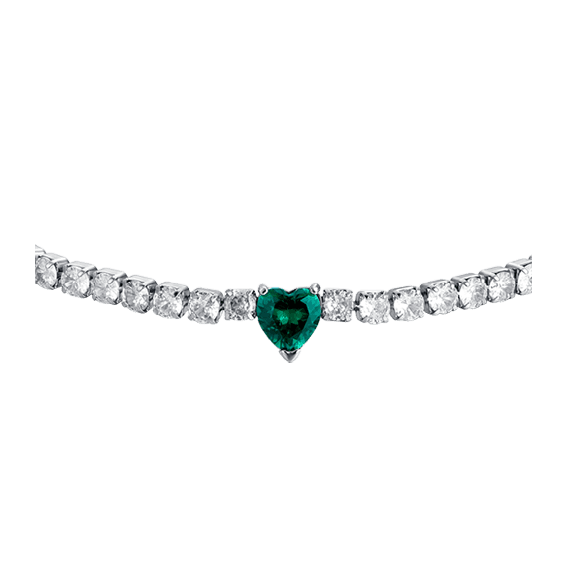 BRACCIALE TENNIS DONNA IN ACCIAIO CON CRISTALLI BIANCHI E CUORE CRISTALLO VERDE