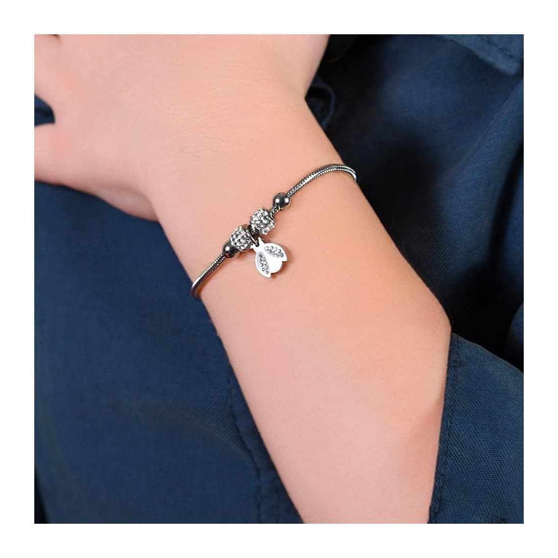 BRACCIALE BAMBINA IN ACCIAIO CON COCCINELLA CON CRISTALLI BIANCHI