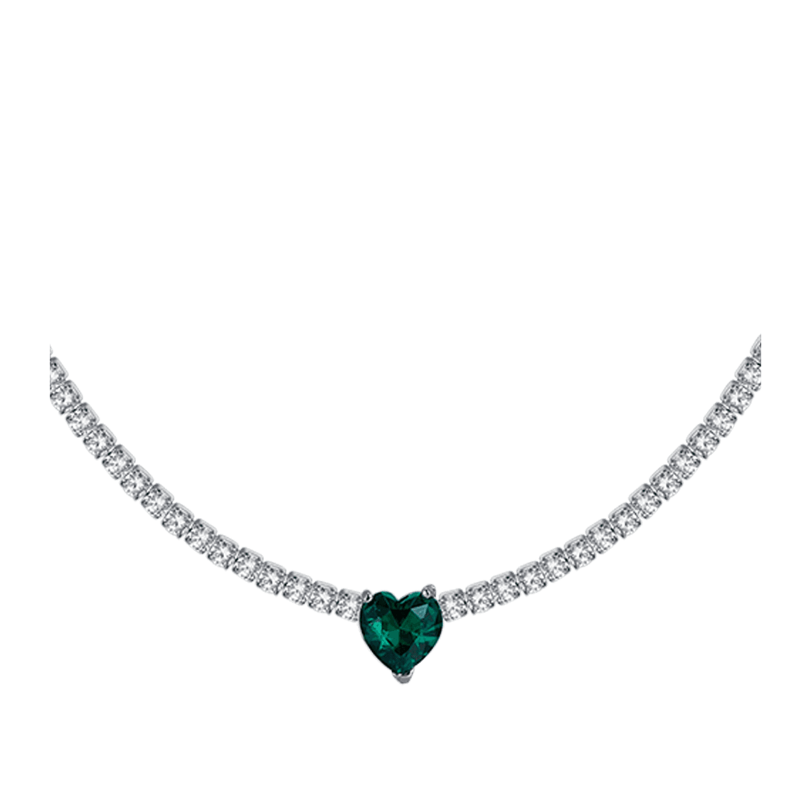 COLLANA TENNIS DONNA IN ACCIAIO CON CRISTALLI BIANCHI E CUORE CRISTALLO VERDE