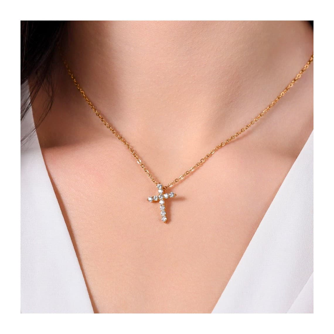 COLLANA DONNA IN ACCIAIO IP GOLD CROCE ZIRCONI BIANCHI