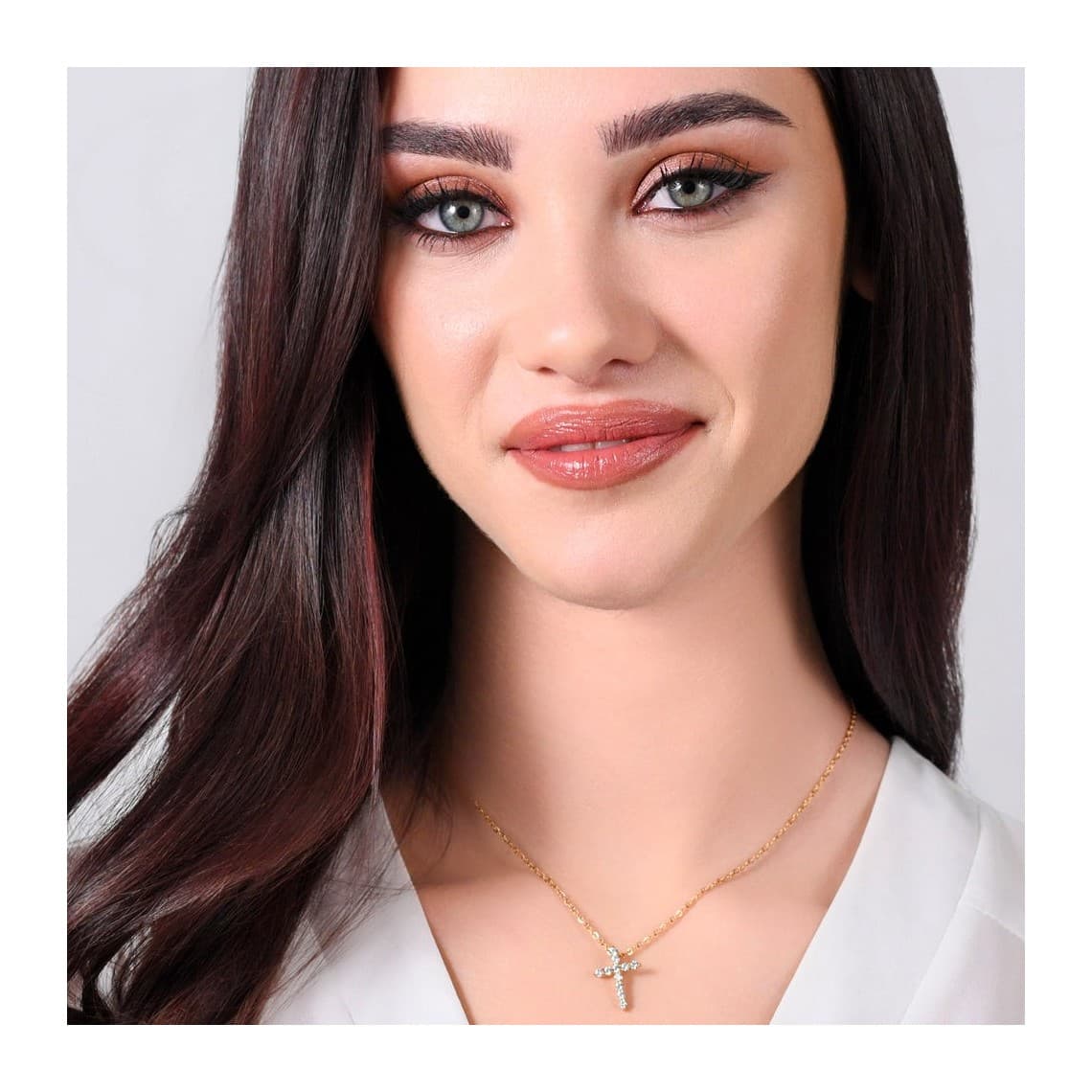 COLLANA DONNA IN ACCIAIO IP GOLD CROCE ZIRCONI BIANCHI