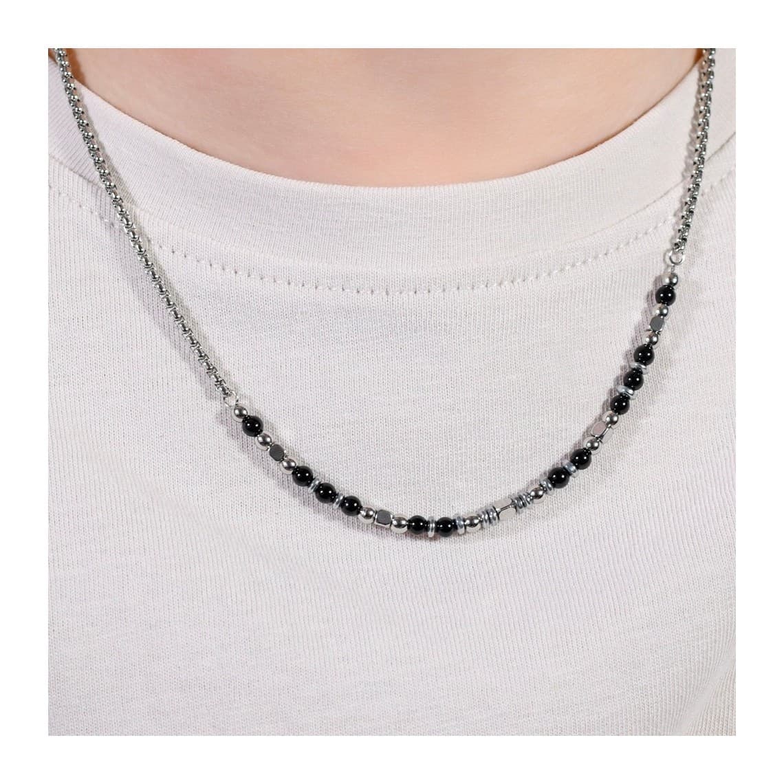 COLLANA BAMBINO IN ACCIAIO CON PIETRE NERE E GRIGIE